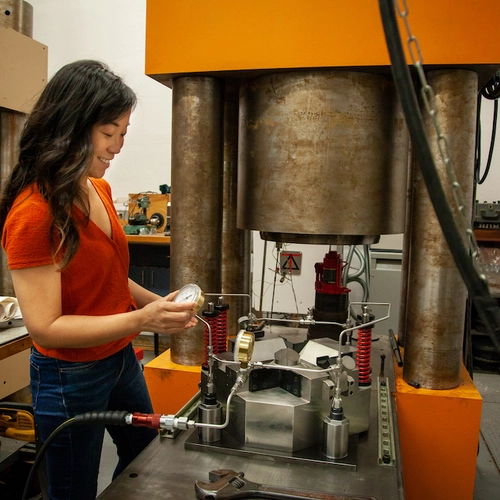 Kara Brugman uses piston-cylinder and multi-anvil presses, like the one seen here, to bring her samples to the temperatures and pressures they would experience inside of a developing planet.