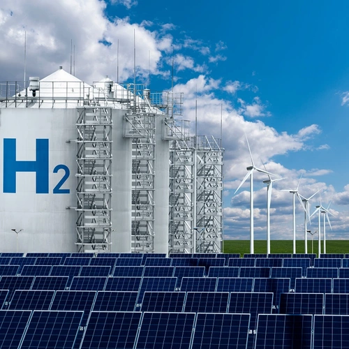 An artist's conception of producing hydrogen fuel from wind and solar power generation. Image purchased from Shutterstock.